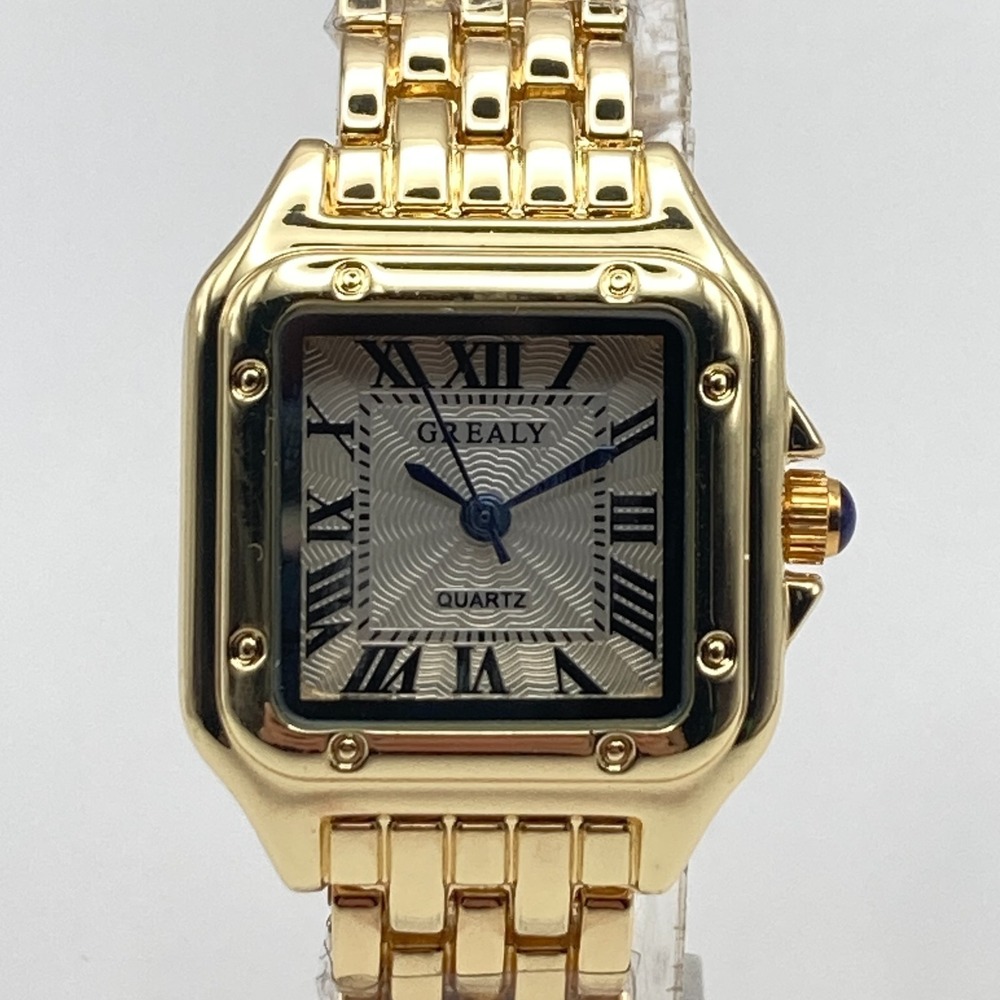 Grealy Women's Watch 25mm Gold Tone Square Roman Numeral Dial New Battery 7.5"